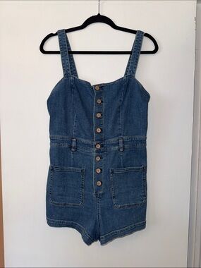 Free People Denim Romper with brown wood buttons